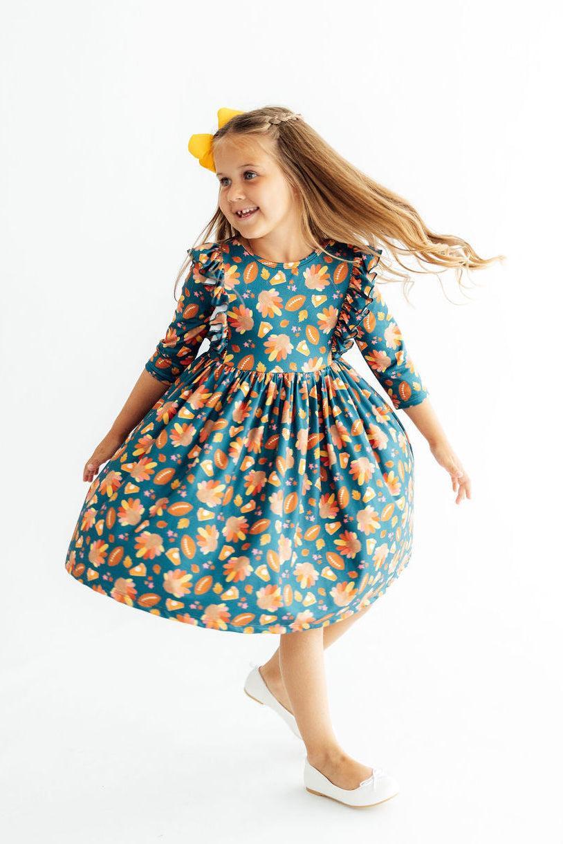 Gobble Til You Wobble 3/4 Sleeve Ruffle Twirl Dress