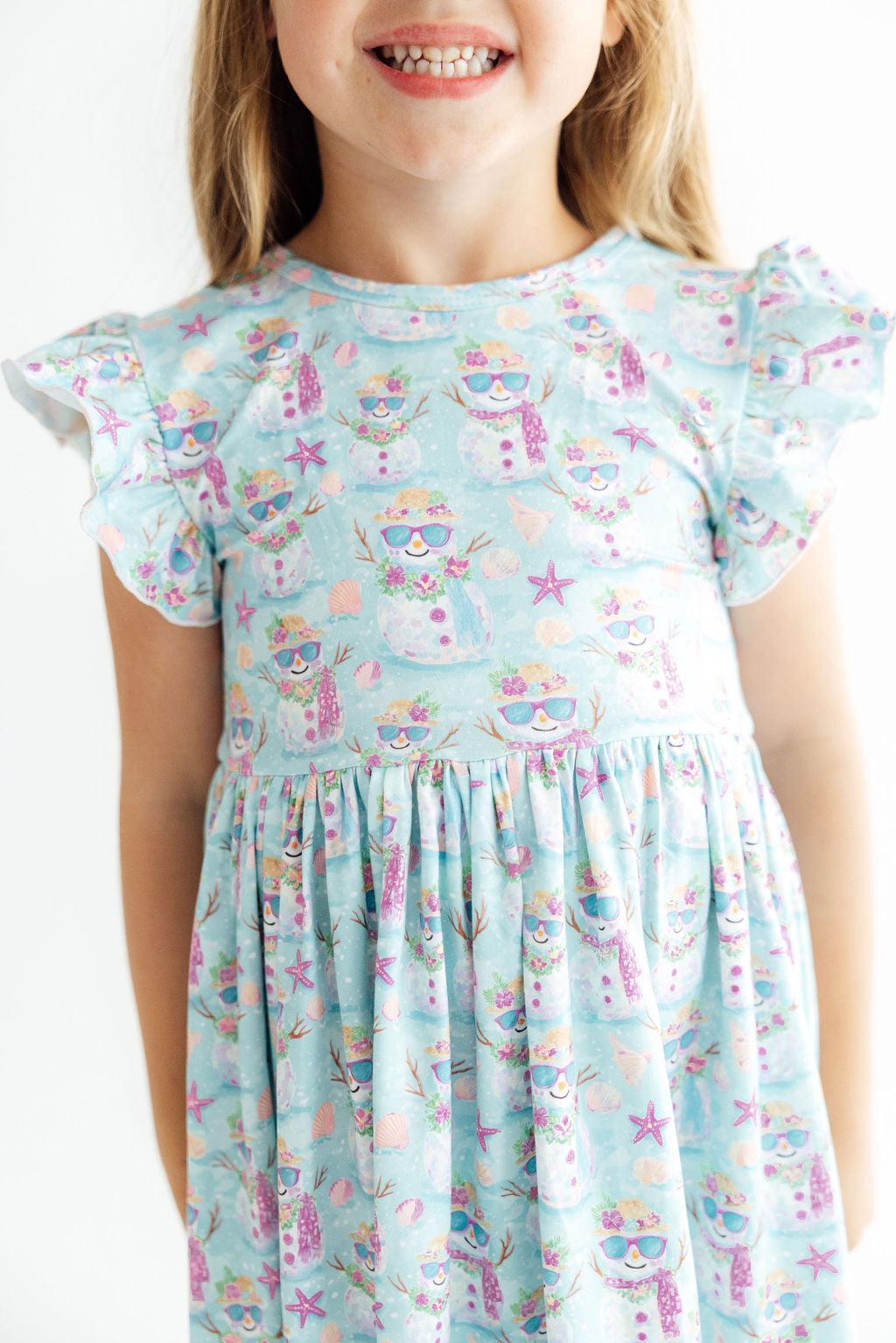Frosty In Paradise Flutter Sleeve Twirl Dress