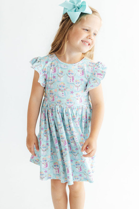 Frosty In Paradise Flutter Sleeve Twirl Dress