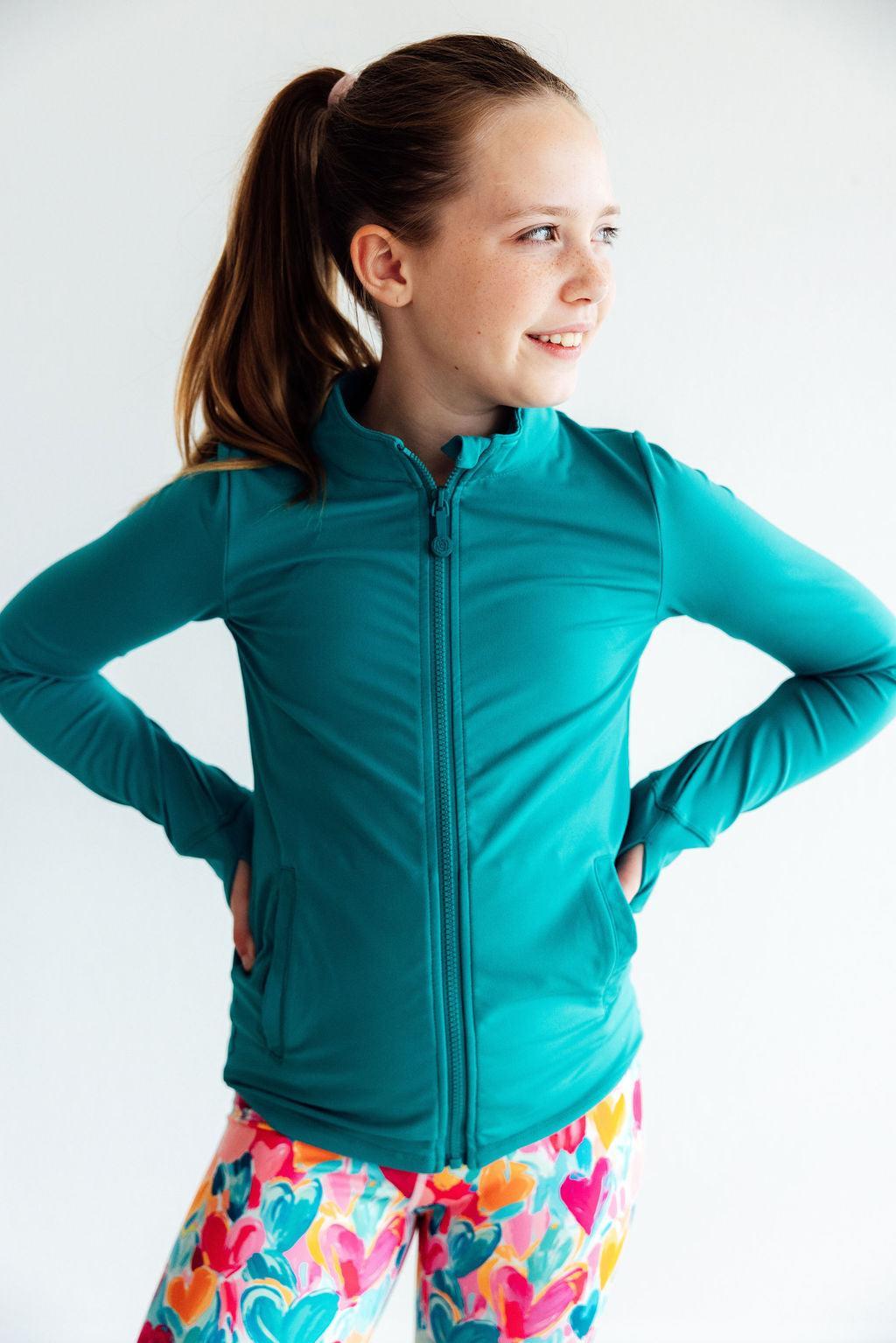 Turbo Teal Full-zip Ruffle Active Jacket