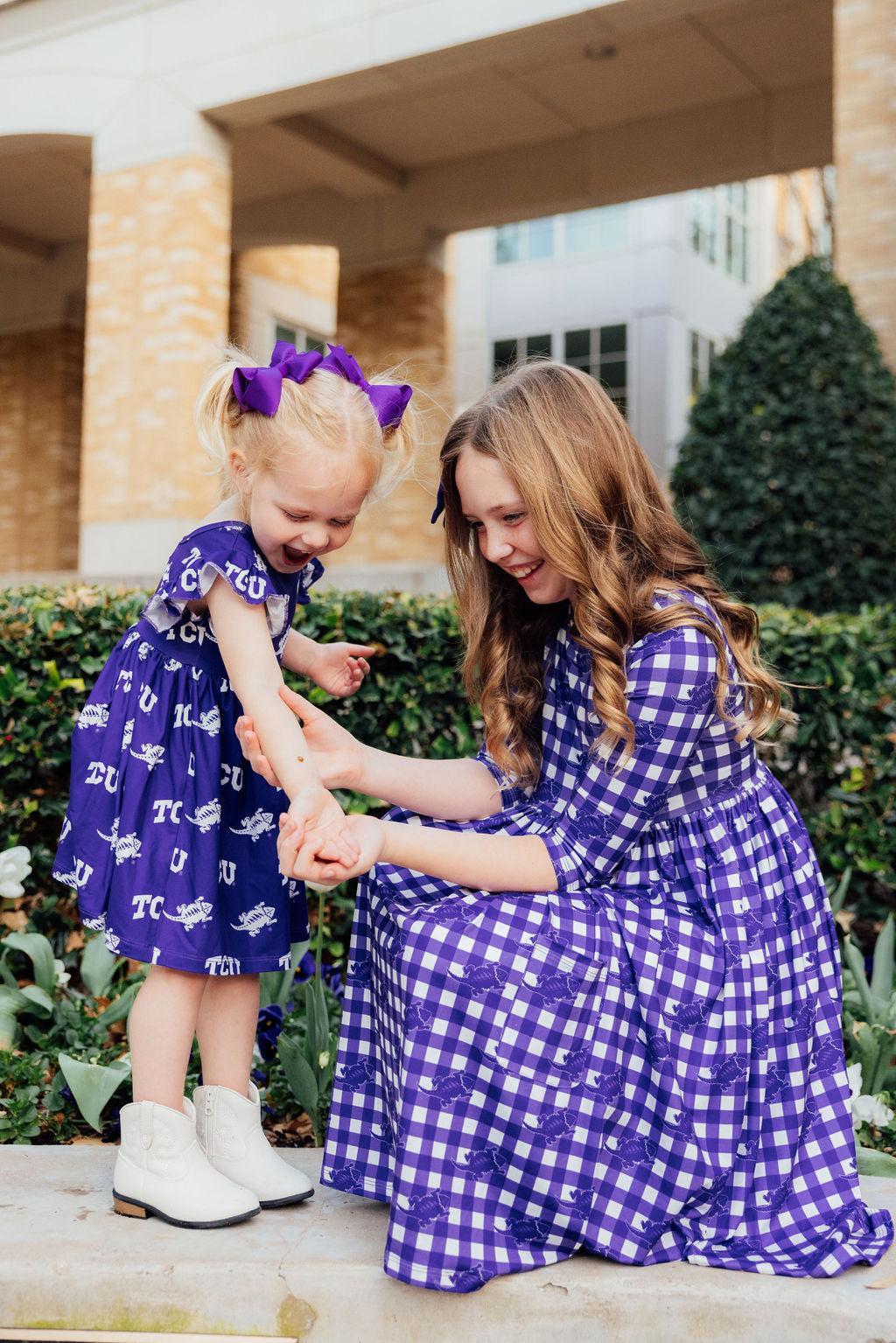 Tcu Plaid Frog 3/4 Sleeve Pocket Twirl Dress