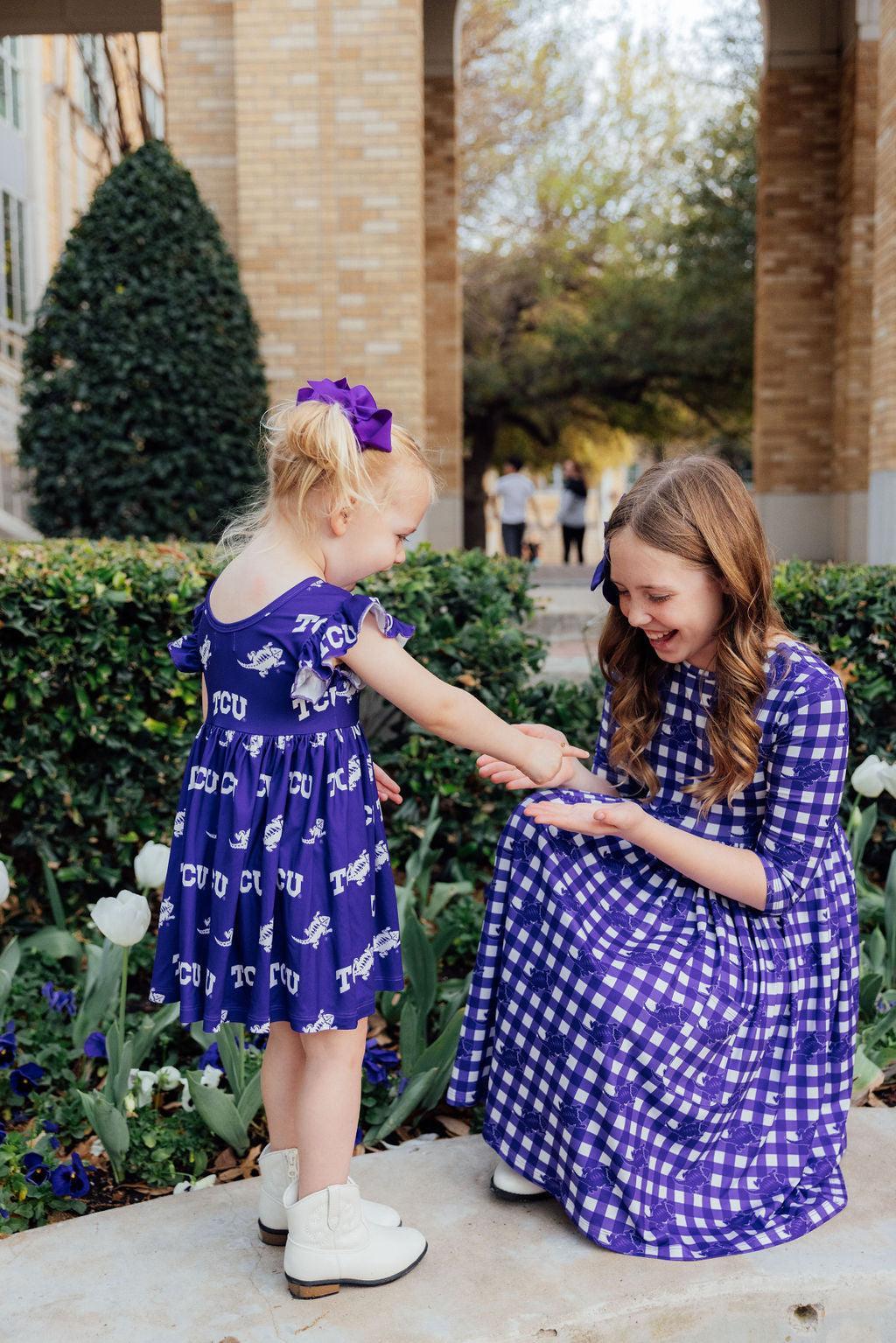 Tcu Plaid Frog 3/4 Sleeve Pocket Twirl Dress