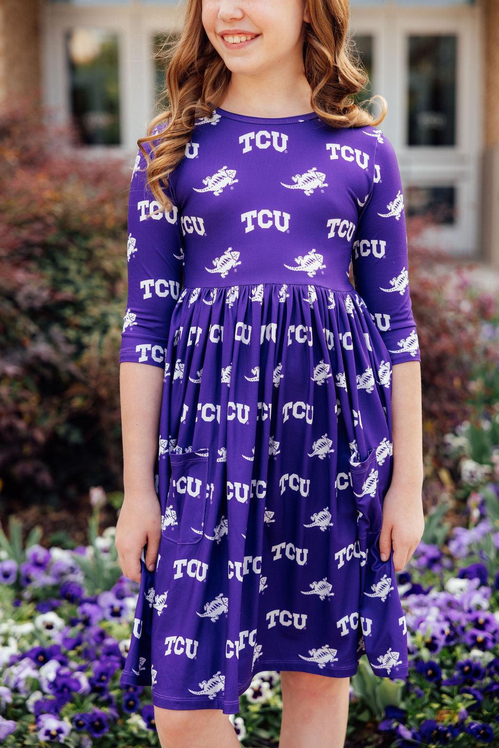 Tcu Purple Frog 3/4 Sleeve Pocket Twirl Dress