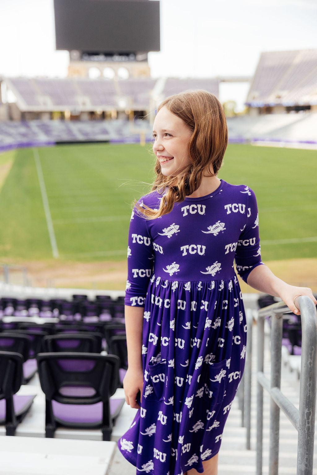Tcu Purple Frog 3/4 Sleeve Pocket Twirl Dress