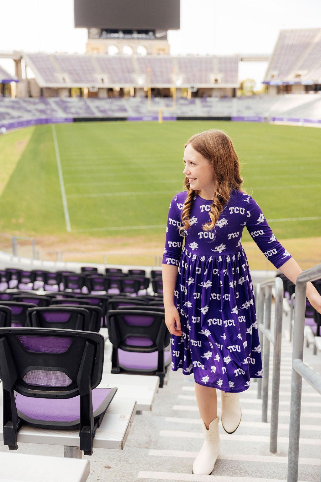 Tcu Purple Frog 3/4 Sleeve Pocket Twirl Dress