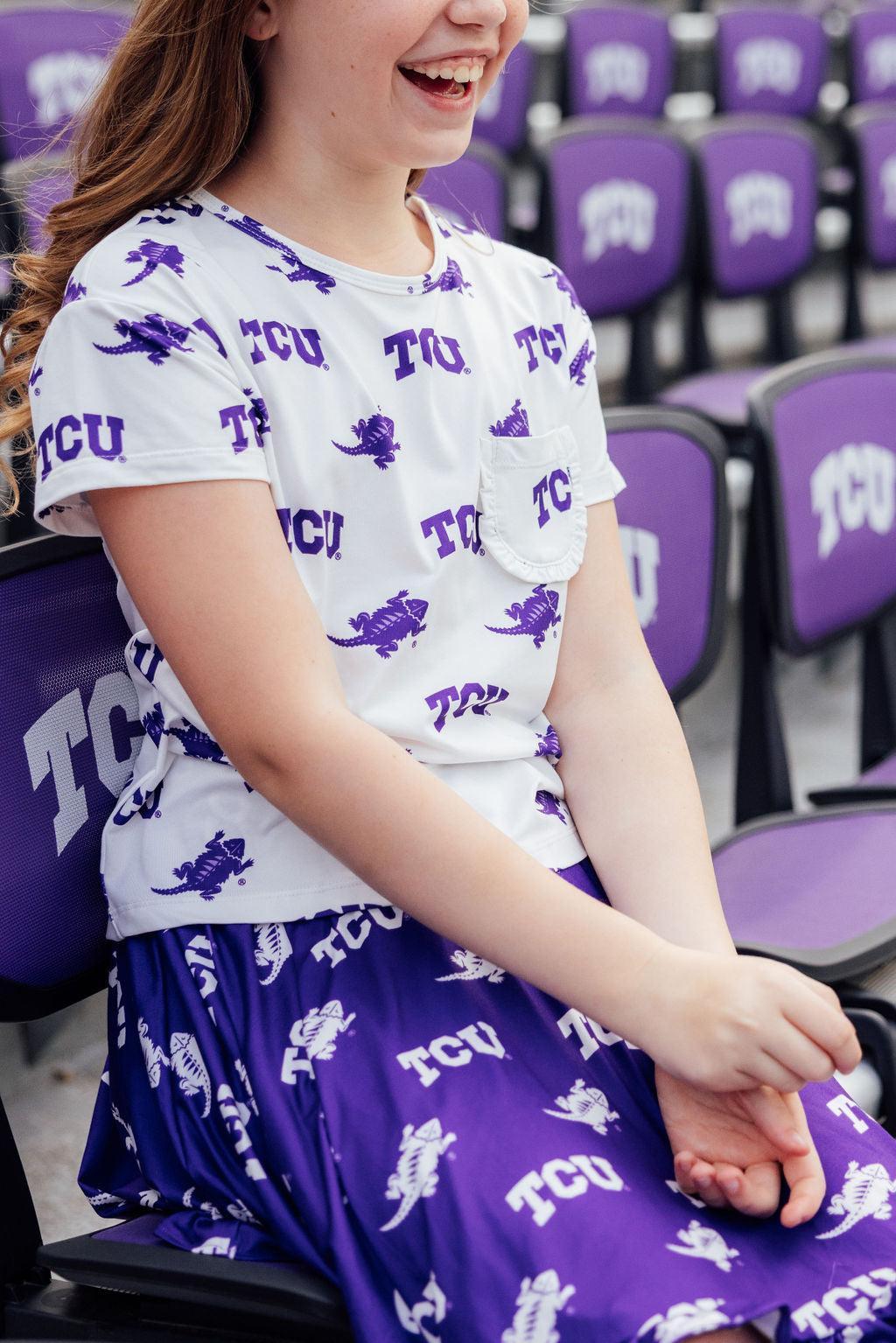Tcu White Frog Ruffle Pocket Tee