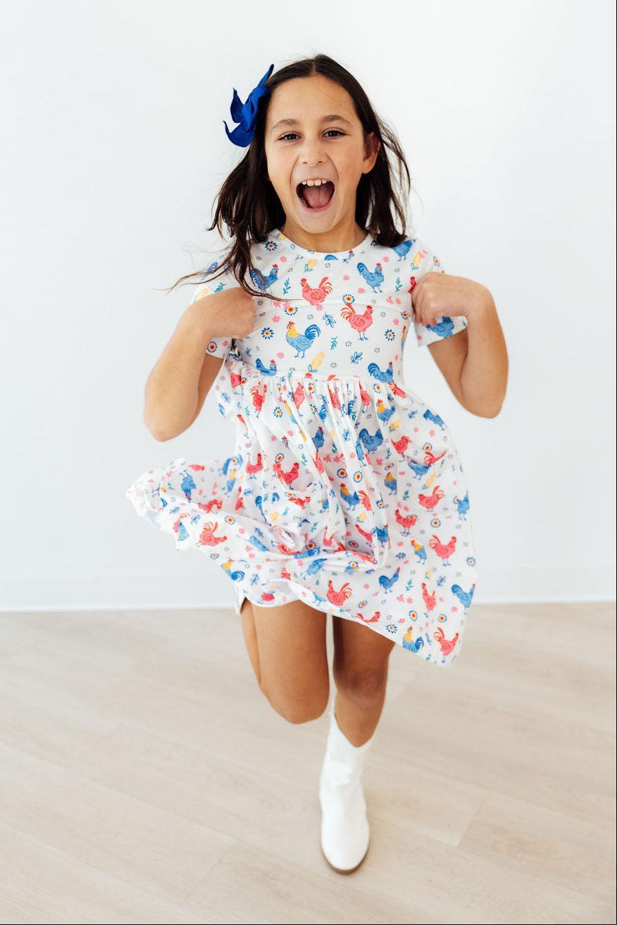 Rainbow Roosters S/s Pocket Twirl Dress