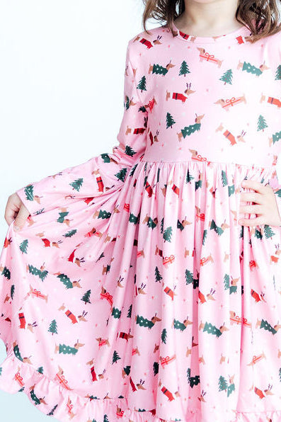 Dachshund Through The Snow L/s Ruffle Hem Twirl Dress