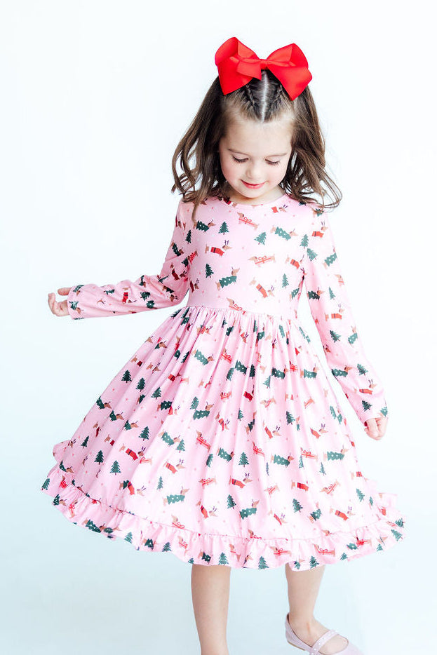 Dachshund Through The Snow L/s Ruffle Hem Twirl Dress