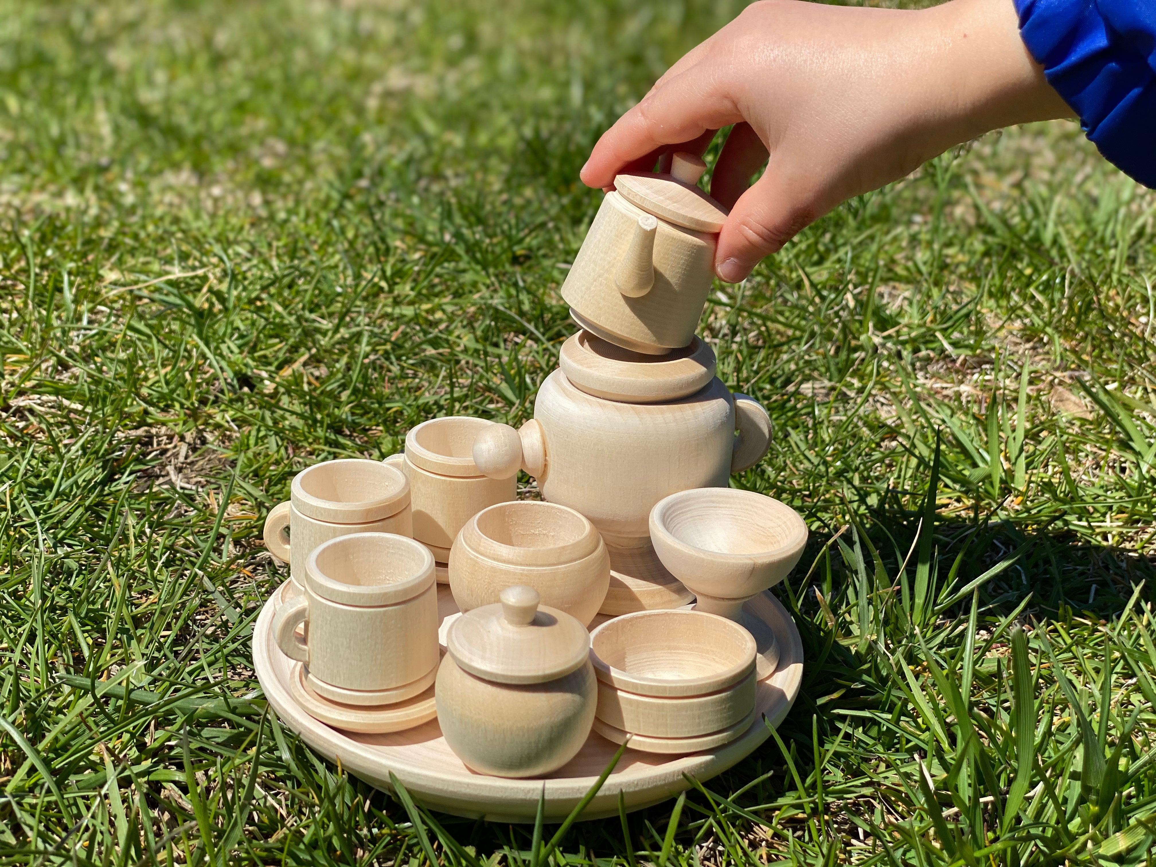 Untreated Wood Miniature Tea Set
