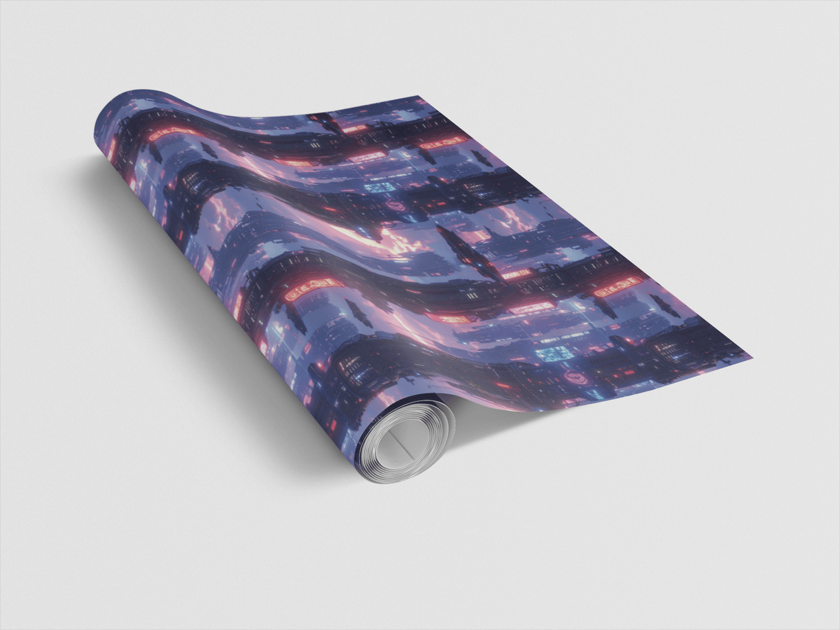 Neon Skyline Megacity Orbit Glossy Wrapping Paper