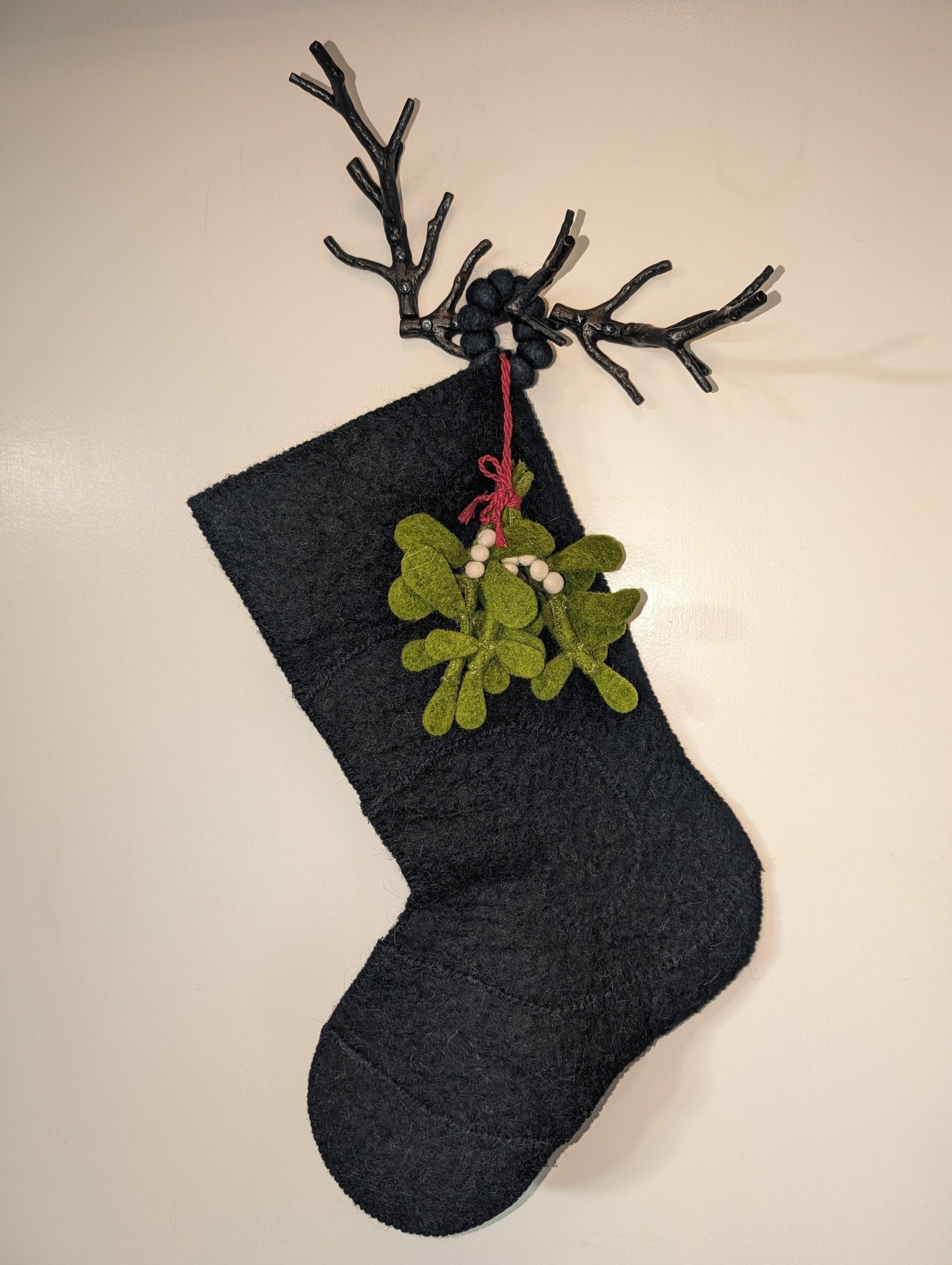 Mistletoe Cream Christmas Stocking Hand Felted Wool Arcadia Home