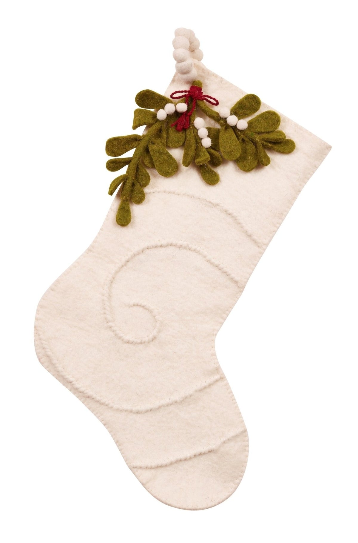 Mistletoe Cream Christmas Stocking Hand Felted Wool Arcadia Home