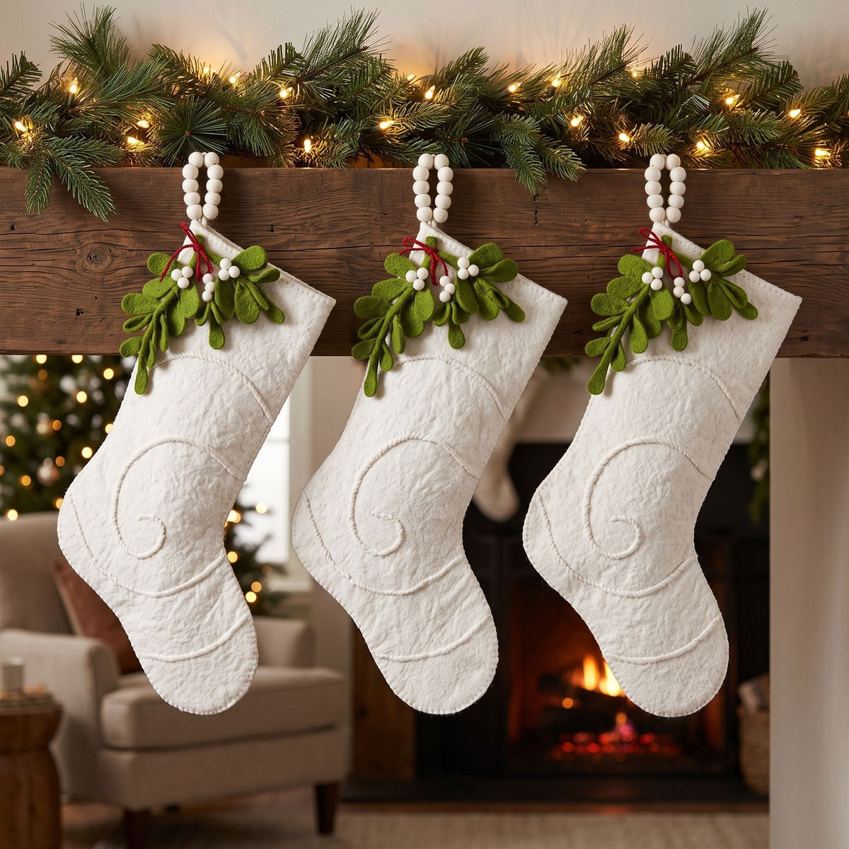 Mistletoe Cream Christmas Stocking Hand Felted Wool Arcadia Home