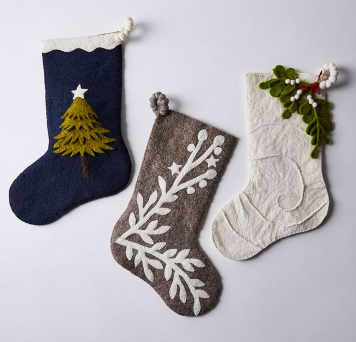 Mistletoe Cream Christmas Stocking Hand Felted Wool Arcadia Home