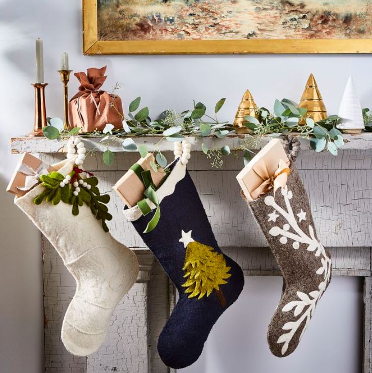 Mistletoe Cream Christmas Stocking Hand Felted Wool Arcadia Home