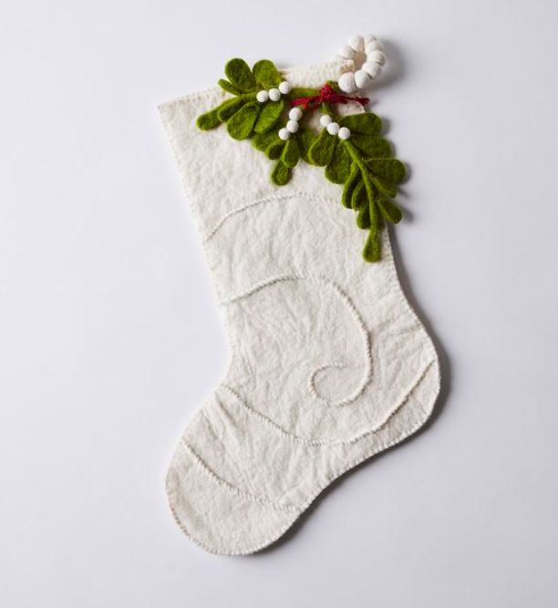 Mistletoe Cream Christmas Stocking Hand Felted Wool Arcadia Home