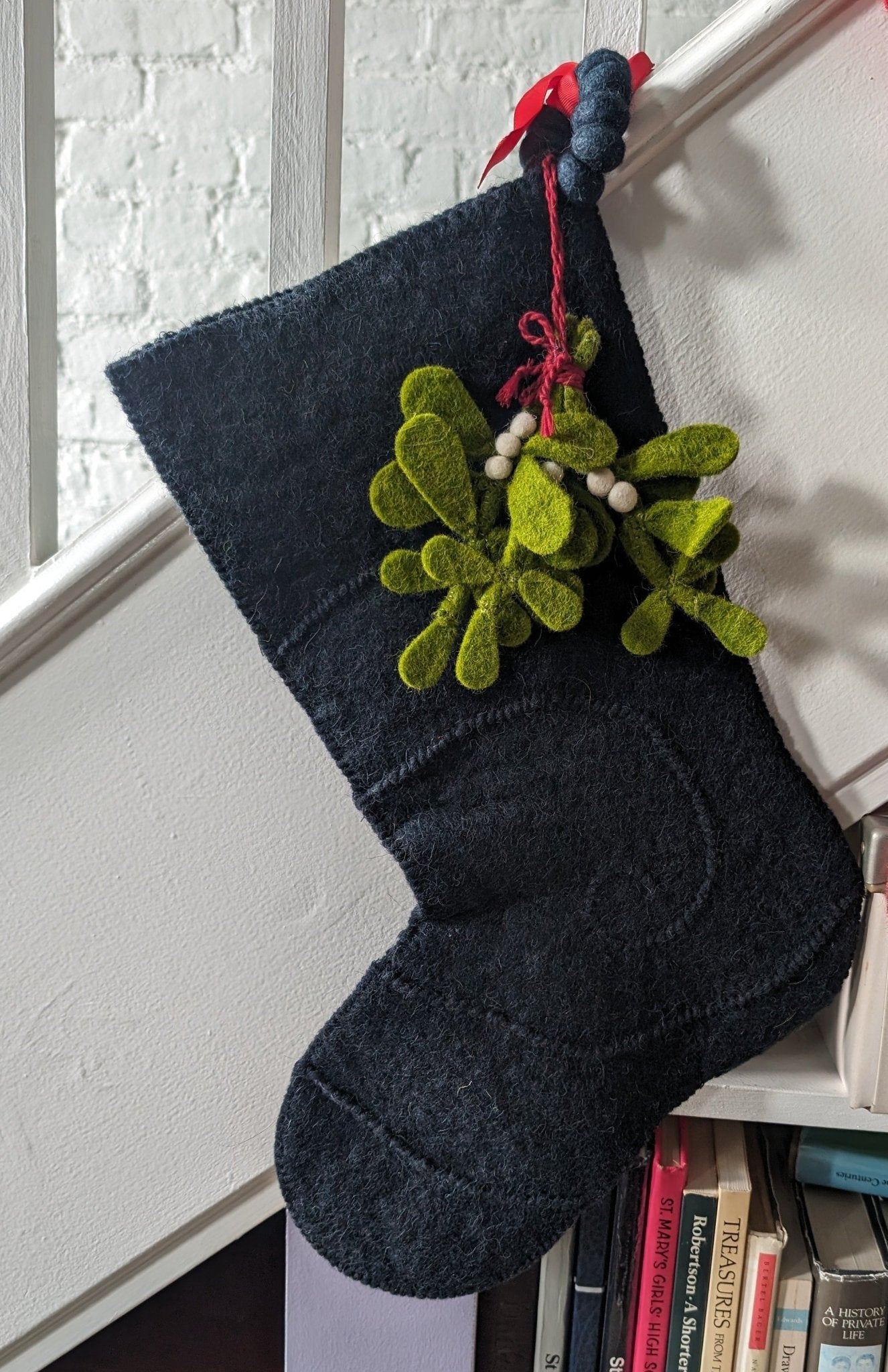 Mistletoe Navy Blue Christmas Stocking Hand Felted Wool Arcadia Home