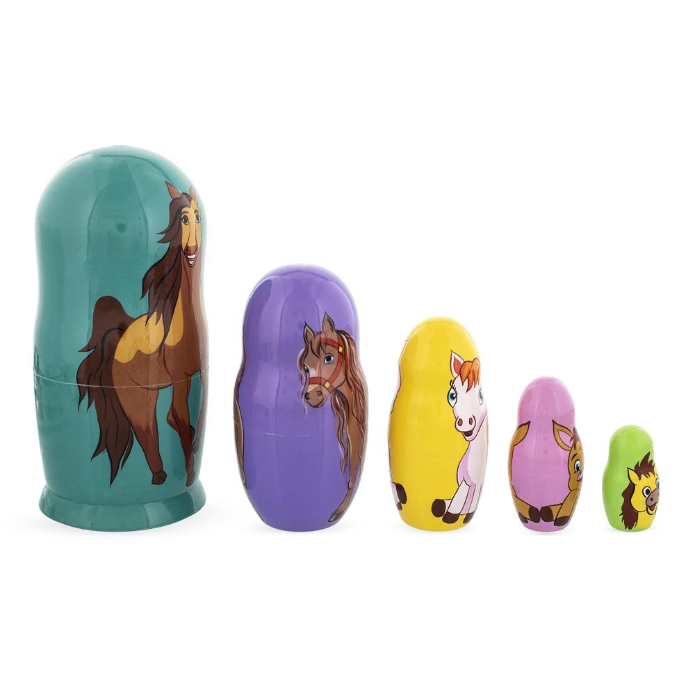 Set Of 5 Horses Wooden Nesting Dolls 6 Inches