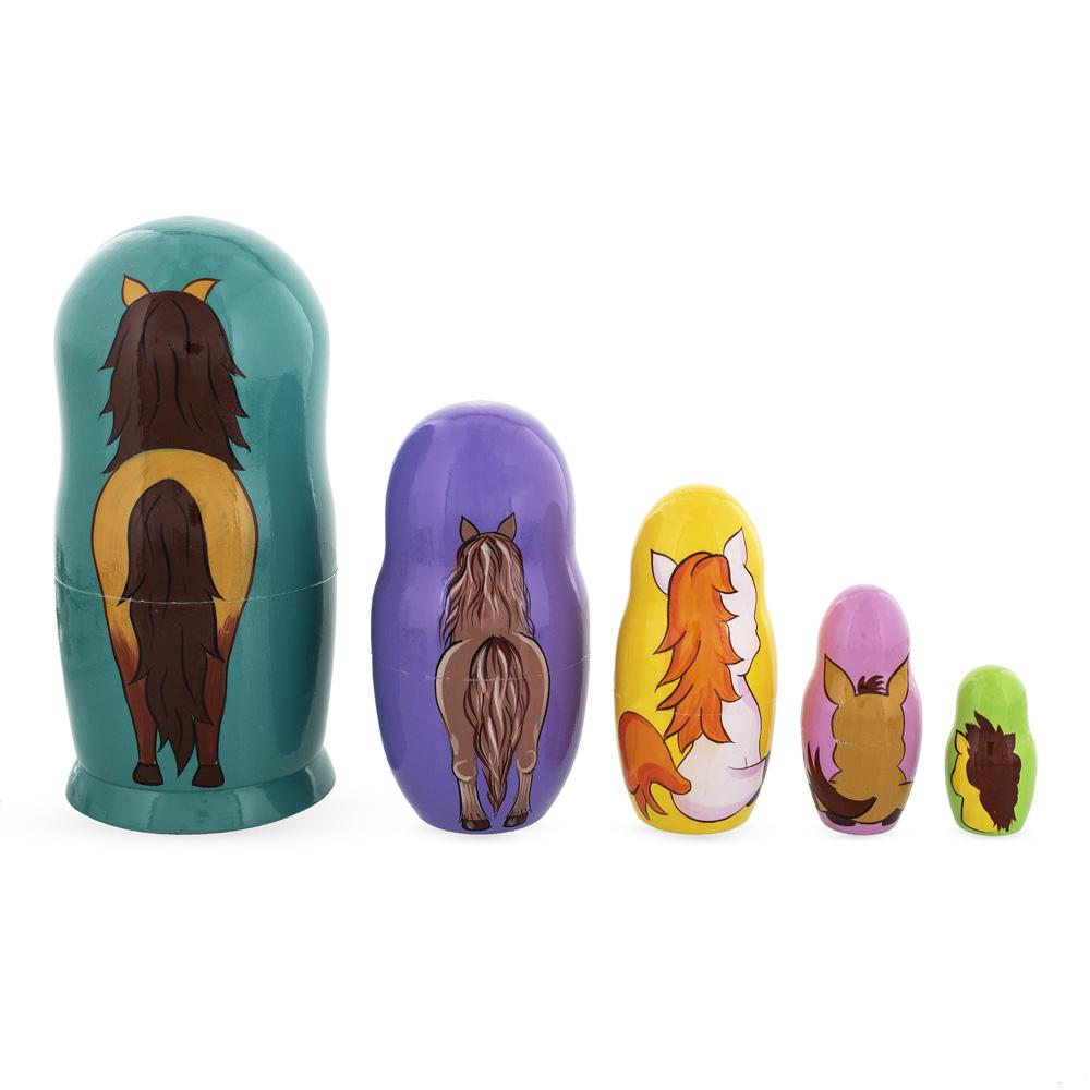 Set Of 5 Horses Wooden Nesting Dolls 6 Inches