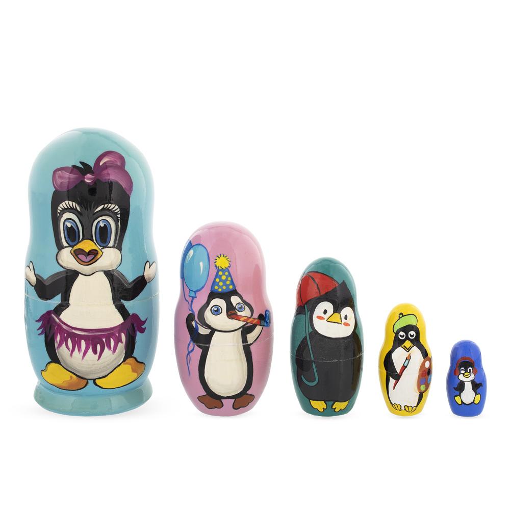 Set Of 5 Penguins Wooden Nesting Dolls 6 Inches