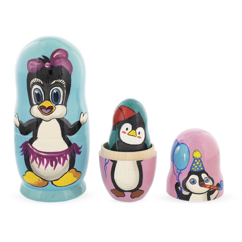 Set Of 5 Penguins Wooden Nesting Dolls 6 Inches