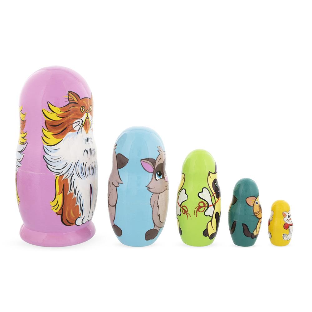 Set Of 5 Colorful Cats Wooden Nesting Dolls 6 Inches