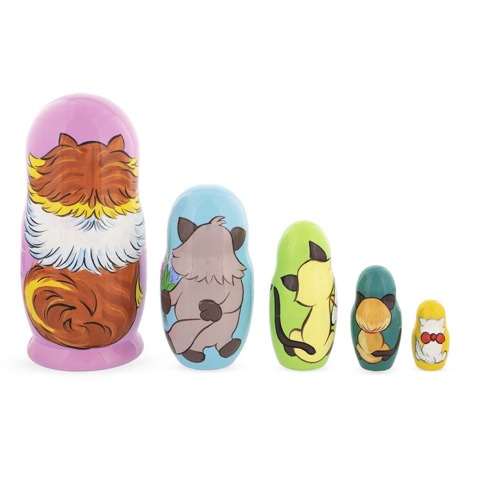 Set Of 5 Colorful Cats Wooden Nesting Dolls 6 Inches