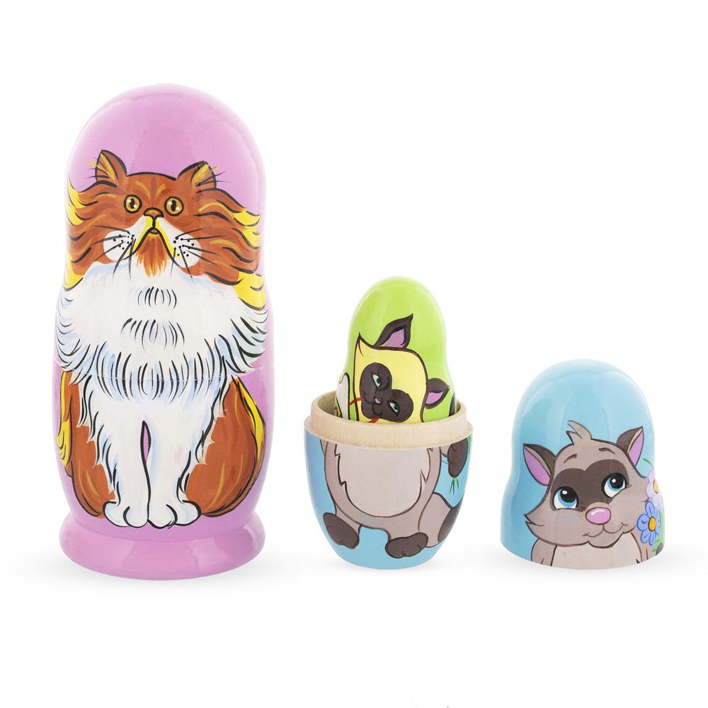 Set Of 5 Colorful Cats Wooden Nesting Dolls 6 Inches