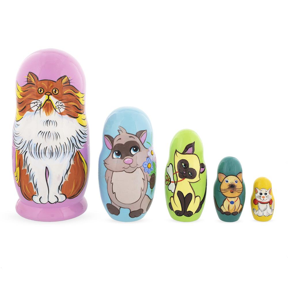 Set Of 5 Colorful Cats Wooden Nesting Dolls 6 Inches
