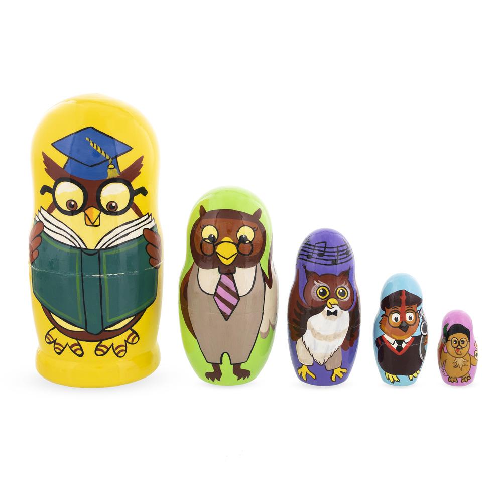 Set Of 5 Owls Professors Wooden Nesting Dolls 6 Inches