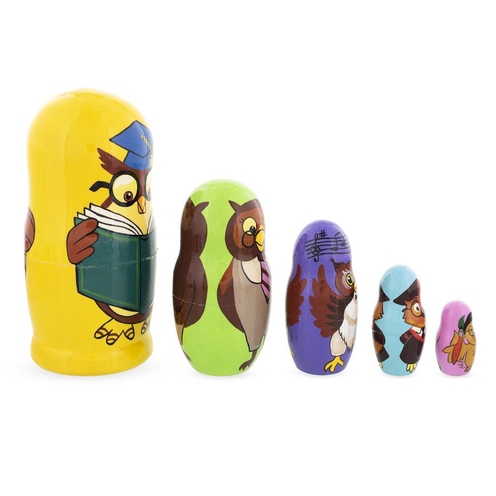 Set Of 5 Owls Professors Wooden Nesting Dolls 6 Inches