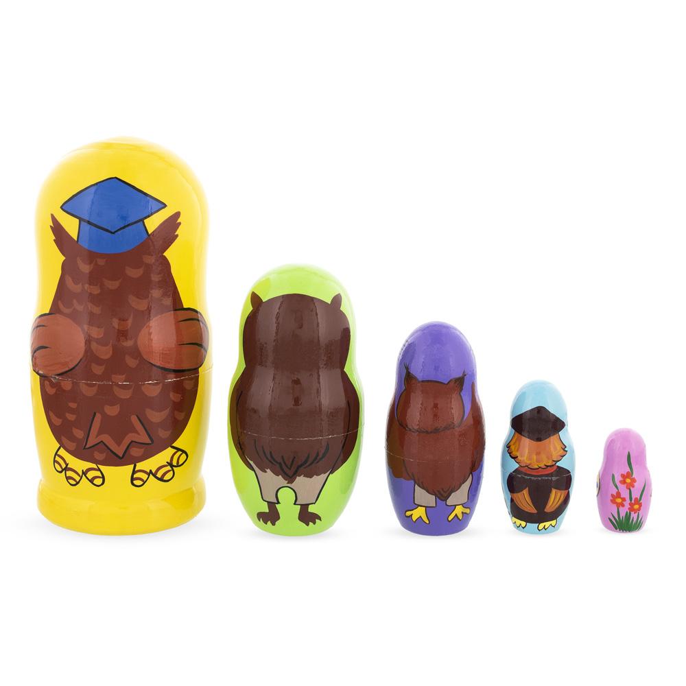 Set Of 5 Owls Professors Wooden Nesting Dolls 6 Inches