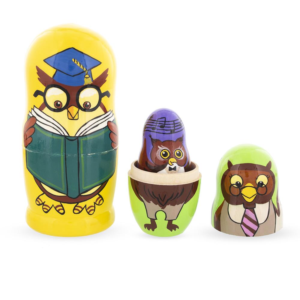 Set Of 5 Owls Professors Wooden Nesting Dolls 6 Inches