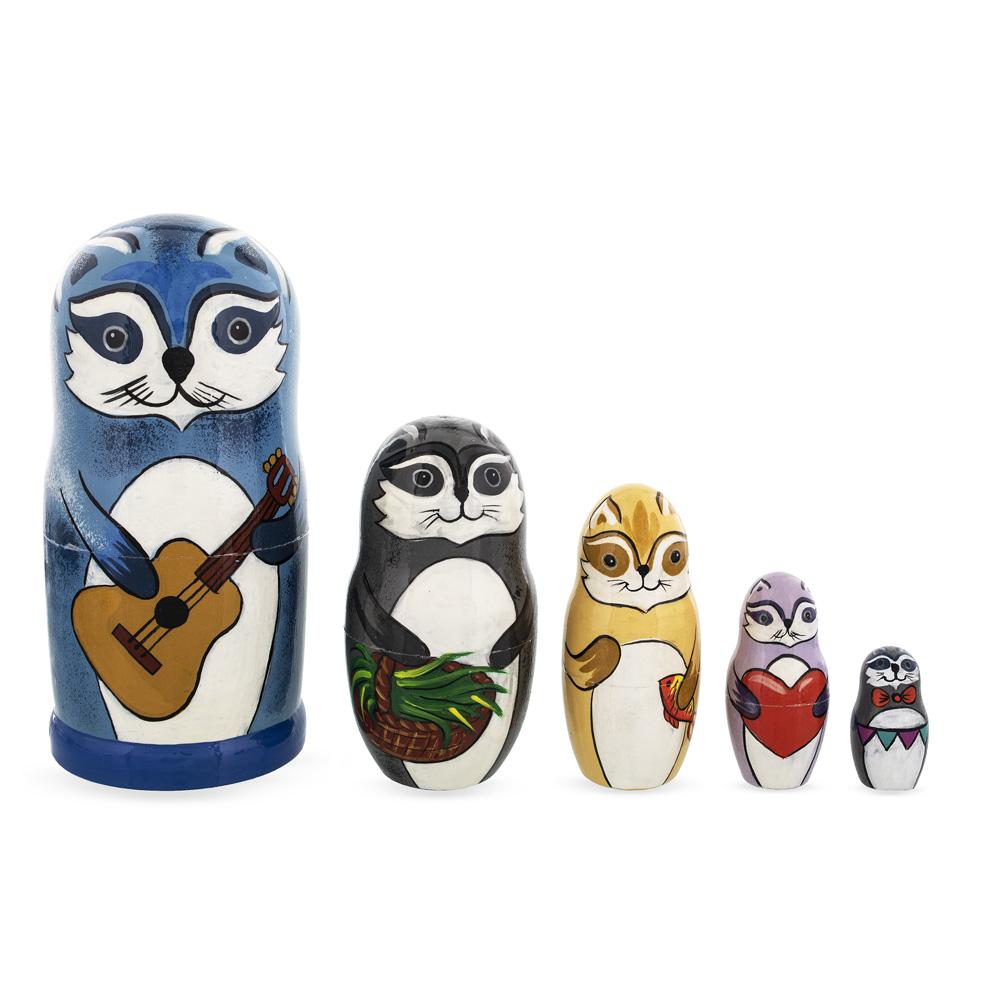 Set Of 5 Raccoon Family Wooden Nesting Dolls 6 Inches