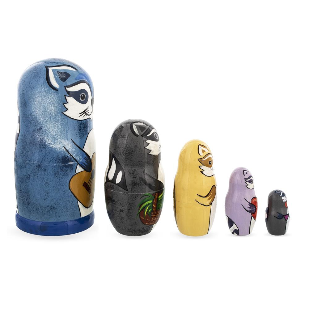 Set Of 5 Raccoon Family Wooden Nesting Dolls 6 Inches