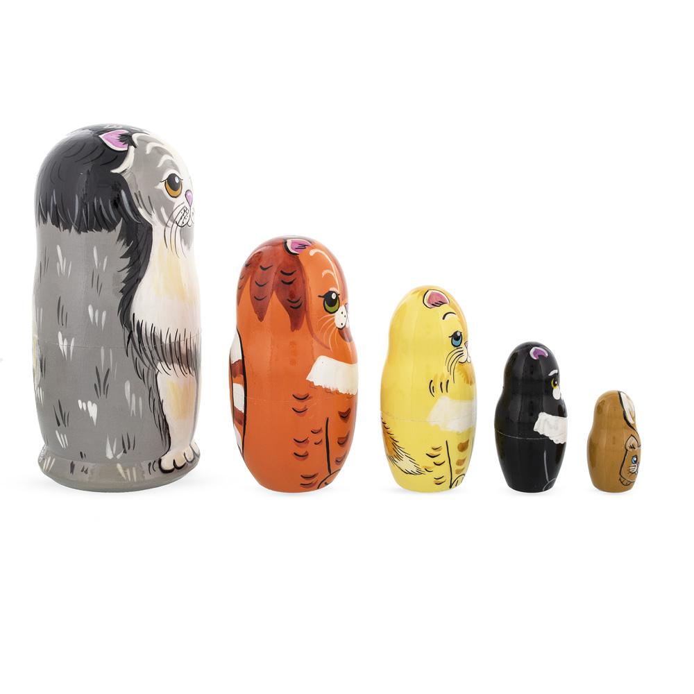 Set Of 5 Cats Family Wooden Nesting Dolls 6 Inches