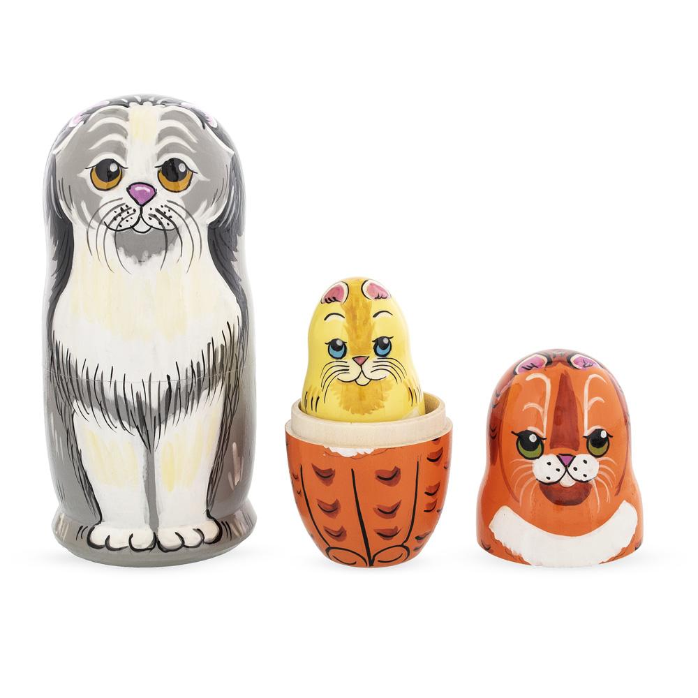 Set Of 5 Cats Family Wooden Nesting Dolls 6 Inches