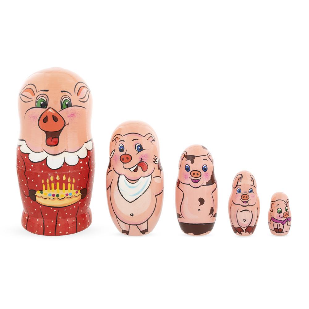 Set Of 5 Pigs Celebration Wooden Nesting Dolls 6 Inches