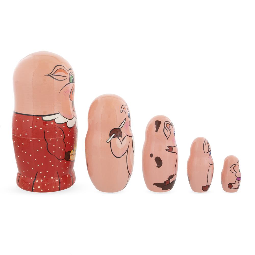 Set Of 5 Pigs Celebration Wooden Nesting Dolls 6 Inches