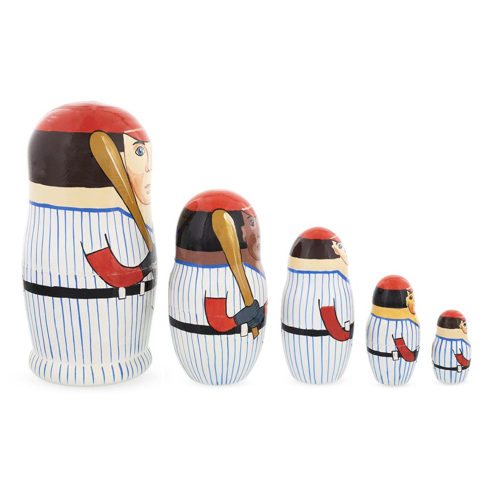 Set Of 5 Baseball Wooden Nesting Dolls 6 Inches