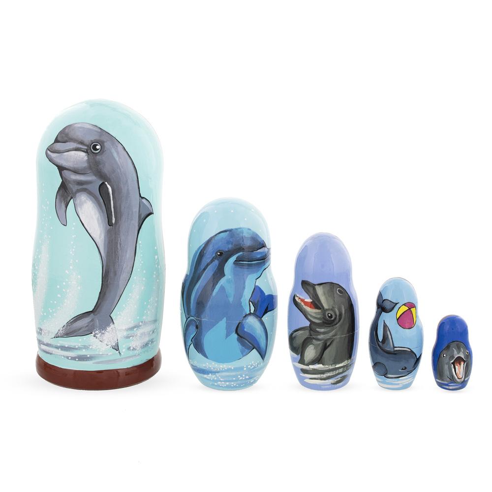 Set Of 5 Dolphins Wooden Nesting Dolls 6 Inches