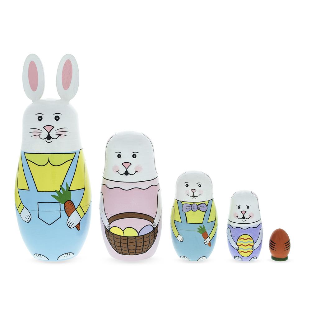 Set Of 5 Bunny Family & Carrot Wooden Nesting Dolls 7 Inches Tall