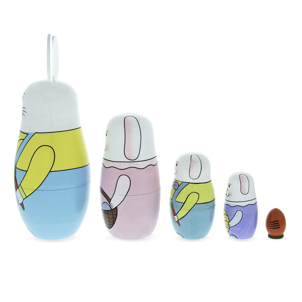 Set Of 5 Bunny Family & Carrot Wooden Nesting Dolls 7 Inches Tall