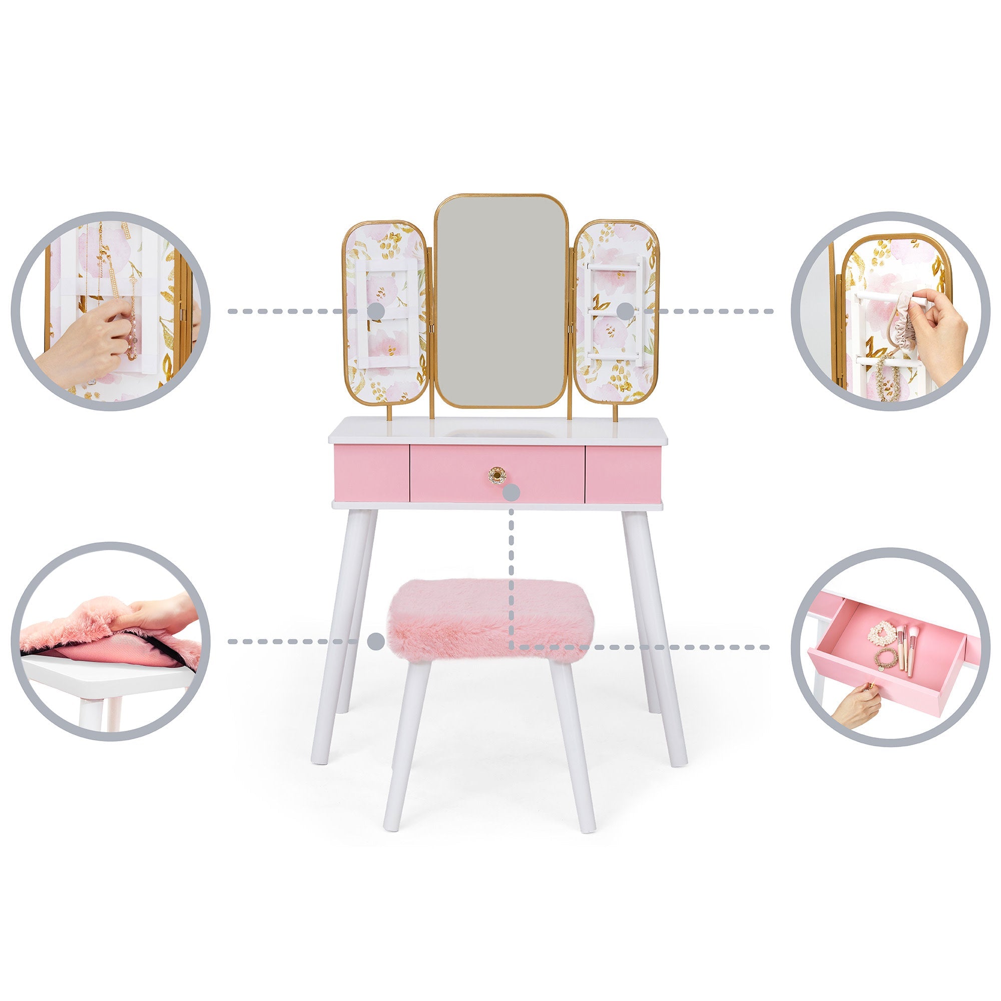 Fantasy Fields Kids Little Lady Izabel Floral Vanity With Mirror, Storage And Stool, Pink