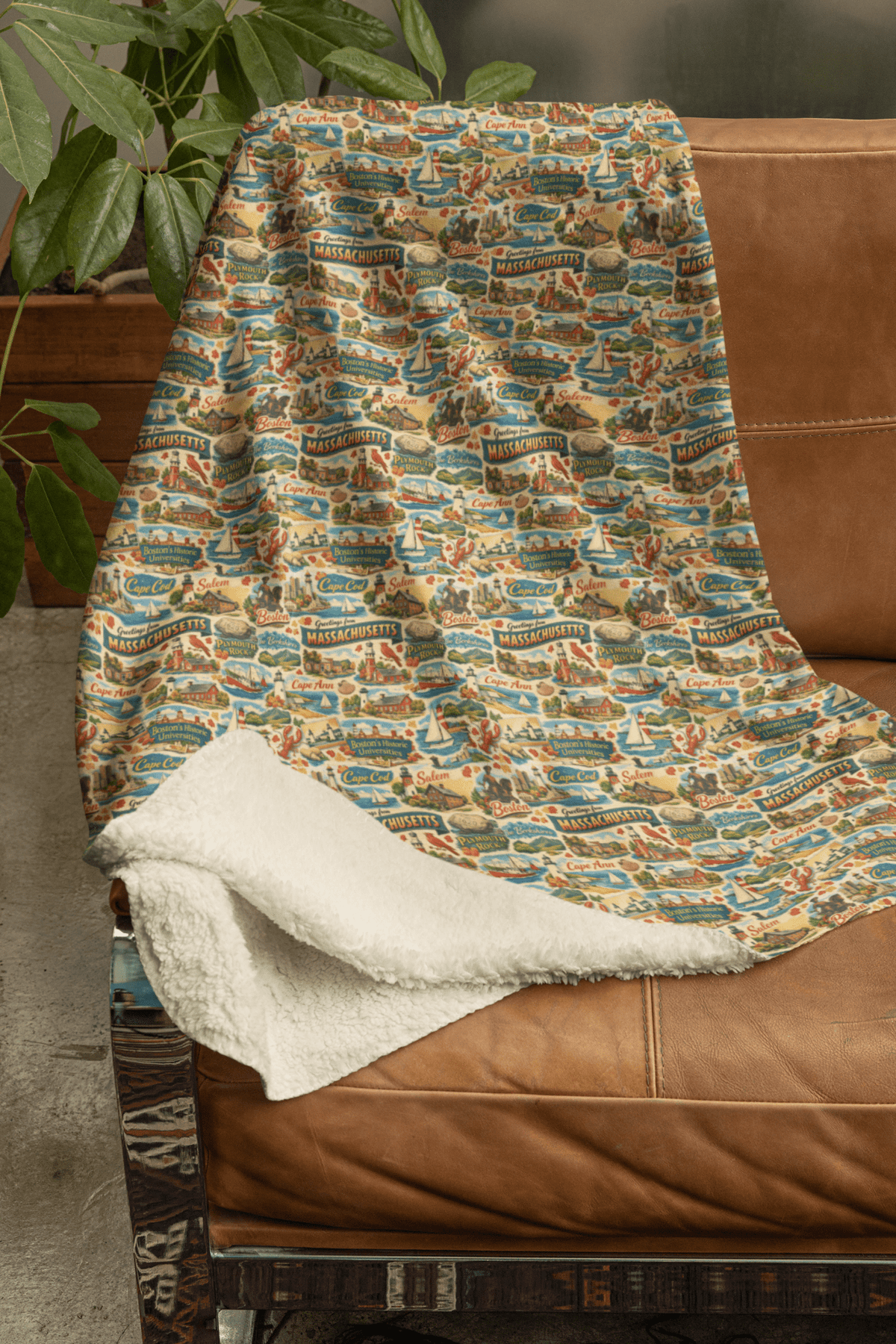 Massachusetts Postcard Memories Sherpa Blanket
