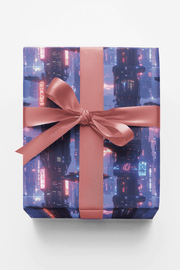 Neon Skyline Megacity Orbit Glossy Wrapping Paper
