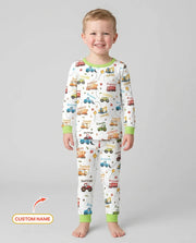 Construction Vehicles Custom Name Bamboo Two Piece Long Sleeve Pajama Set