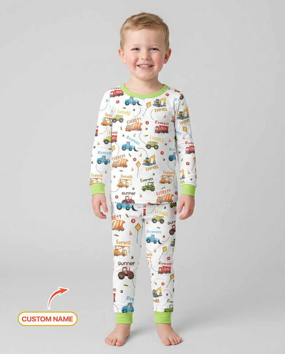 Construction Vehicles Custom Name Bamboo Two Piece Long Sleeve Pajama Set