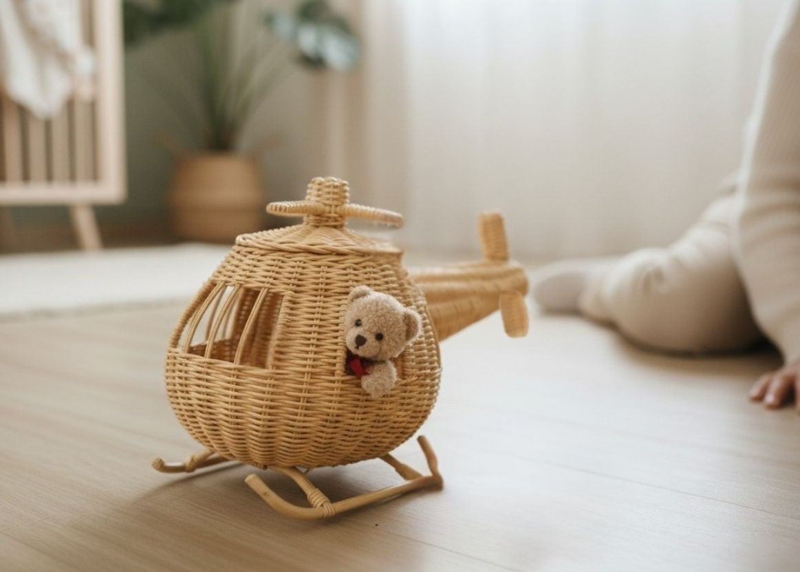 Rattan Toy Helicopter – Handcrafted Boho Pretend Play Toy For Kids | Montessori Airplane Nursery Decor